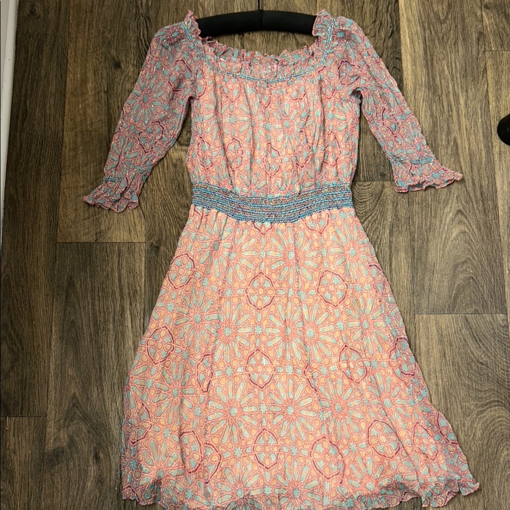 BADGLEY & MISCHKA | Floral Pink and Blue Smocked Dress | M silk